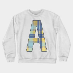 Monogram Letter A, Blue, Yellow and Grey Scottish Tartan Style Typography Design Crewneck Sweatshirt